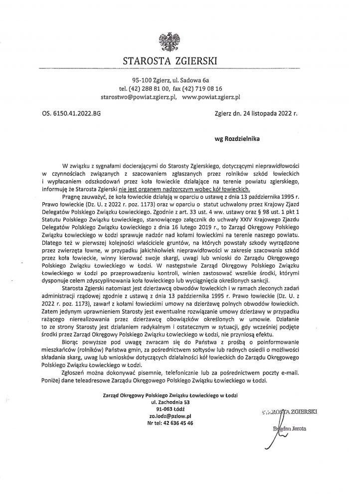 Informacja dot. szkód łowieckich i wypłat odszkodowań przez koła łowieckie na terenie powiatu zgierskiego
